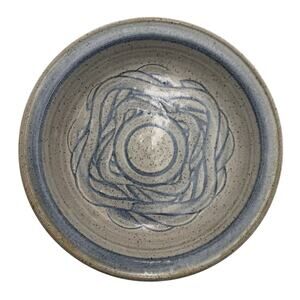 Vintage Signed Studio Pottery Shallow Bowl Hand-Painted Swirl Speckled Gray Blue